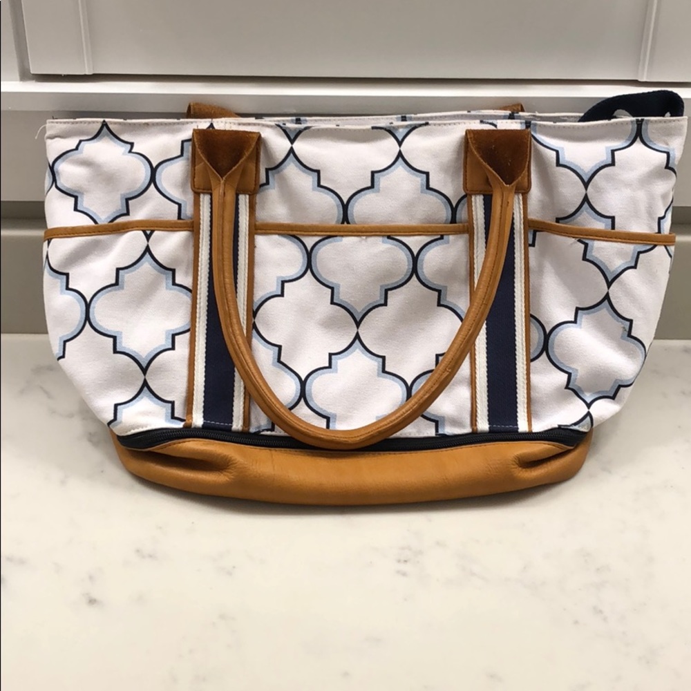 Pottery Barn Kids diaper bag EUC White Navy Brown leather accents Baby boy